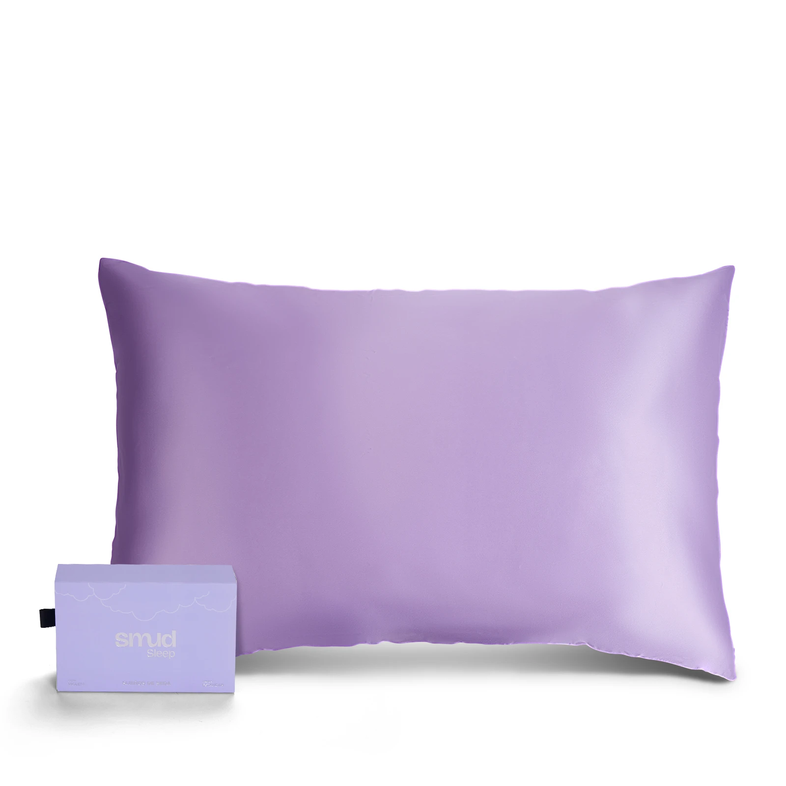 Purple pillow with a matching packaging box on white background.