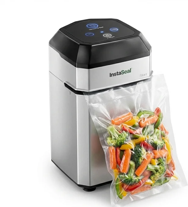 Vacuum sealer machine with a sealed bag of colorful vegetables.