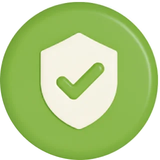 A green circular icon with a white shield that has a green checkmark on it.
