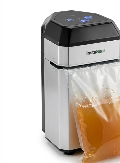 A food vacuum sealer with a partially sealed bag of liquid.