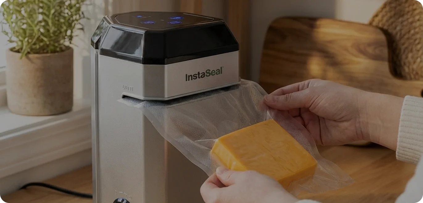 Person using a vacuum sealer to seal cheese.
