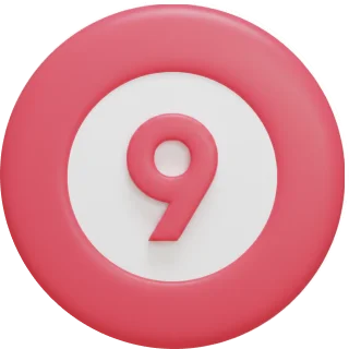 A pink, three-dimensional icon of the number 9 inside a white circle with a pink border.