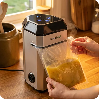 Person sealing a vacuum bag with a kitchen appliance on a wooden countertop.
