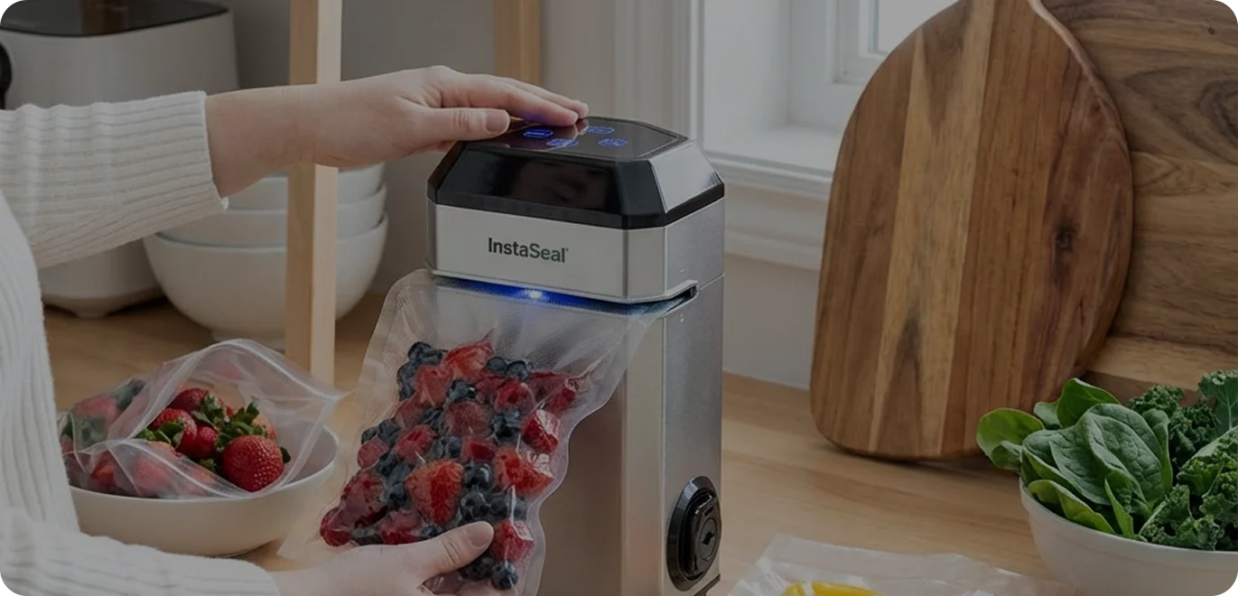 Person using a food vacuum sealer on a kitchen counter with berries.