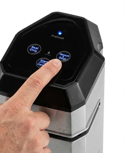 Hand pressing a button on a digital vacuum sealer device.