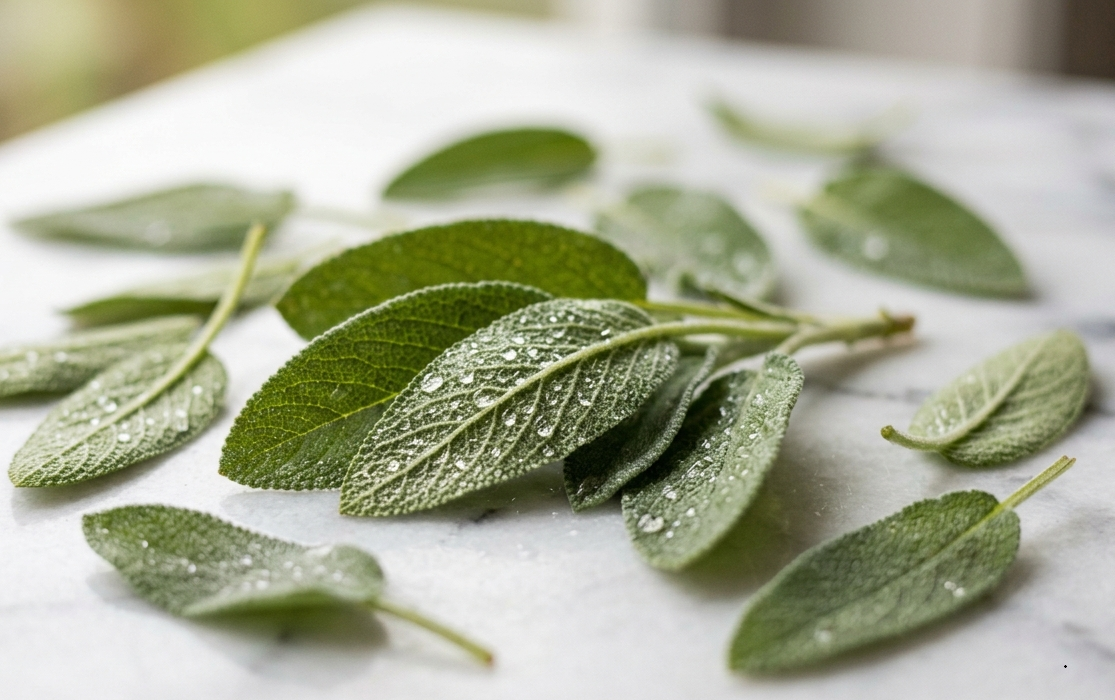 A close-up of fresh sage leaves with water droplets resting on a white marble surface.