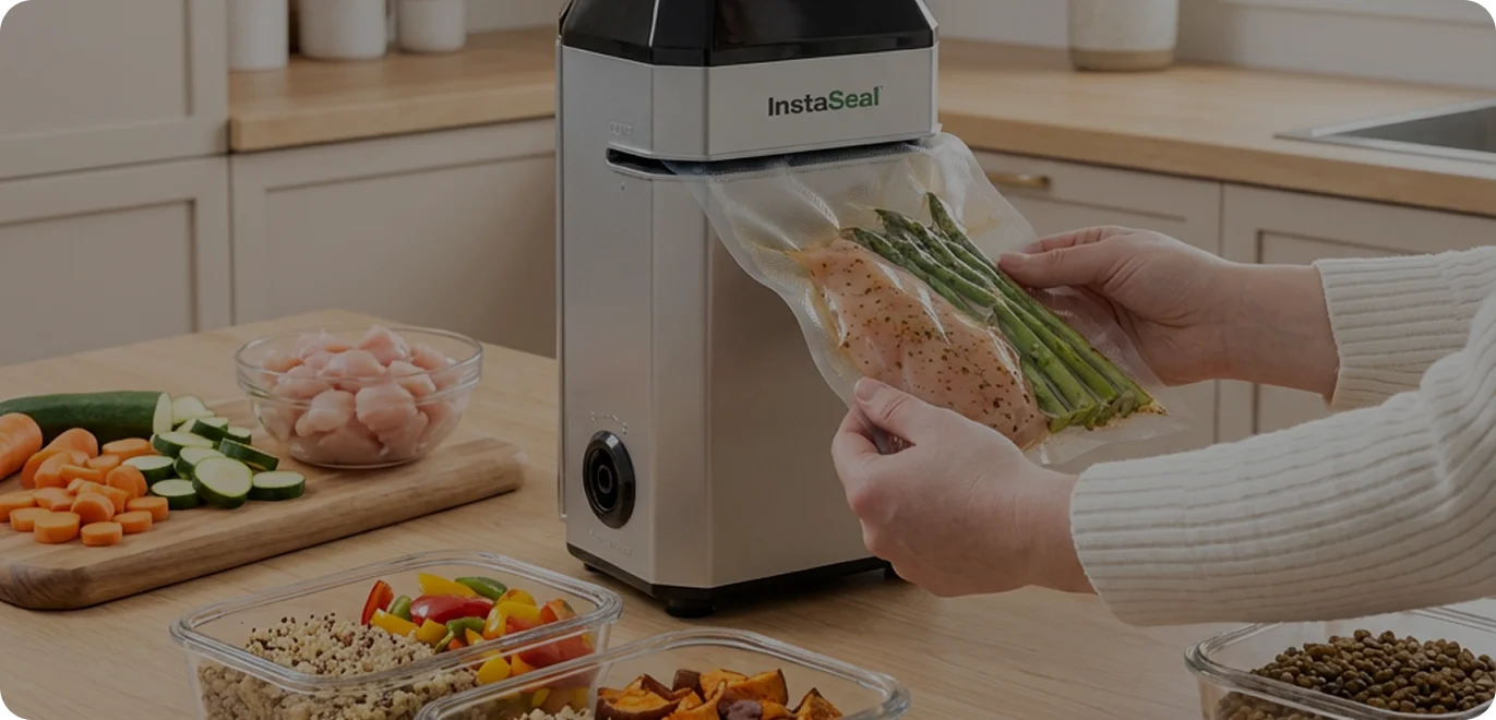 Person using InstaSeal vacuum sealer with chicken and asparagus in a kitchen.