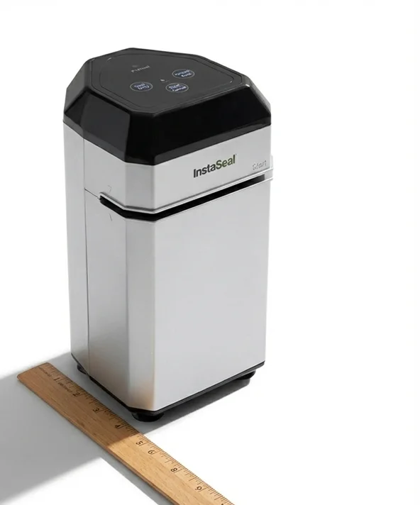 A silver and black device labeled 'InstaSeal' next to a wooden ruler.