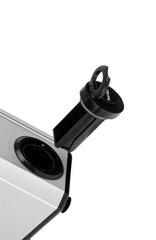 Close-up of a silver water container with a black spout lid open.