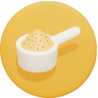 An illustration of a white scoop filled with a grainy powder on a yellow circular background.