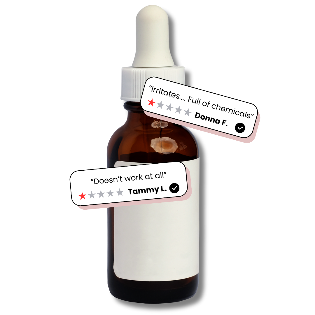 Brown medicine bottle with negative online reviews attached.
