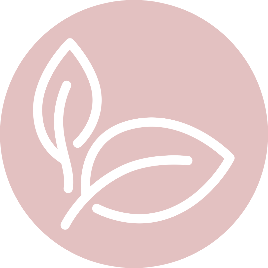 Two white leaves in a circular pink background.