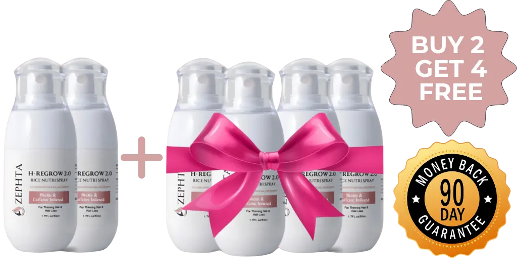 Six bottles of hair spray with pink ribbon, and promotional text badges.