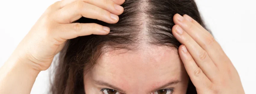 Person's scalp and hair being examined with hands.