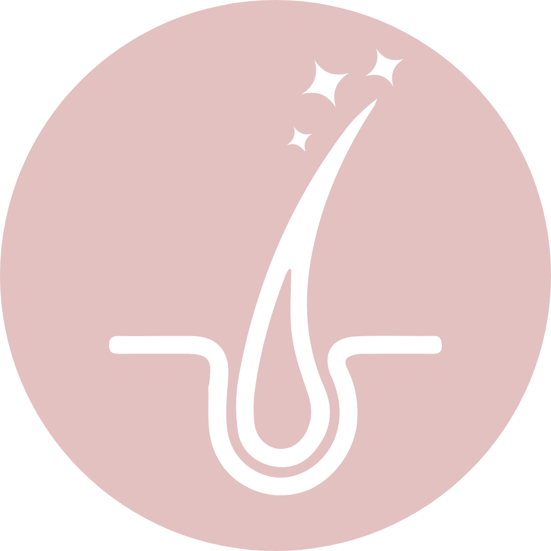 Illustration of a hair follicle with sparkles, on a pink circle background.