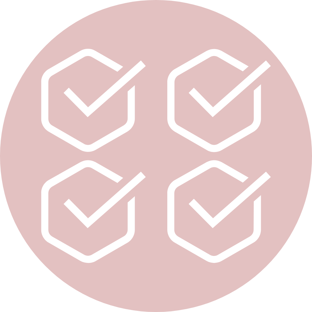 Four white checkmarks in hexagons on a pink circle background.