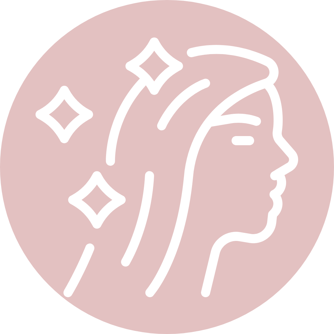 Line art of a woman's profile with star-like shapes in a pink circle.