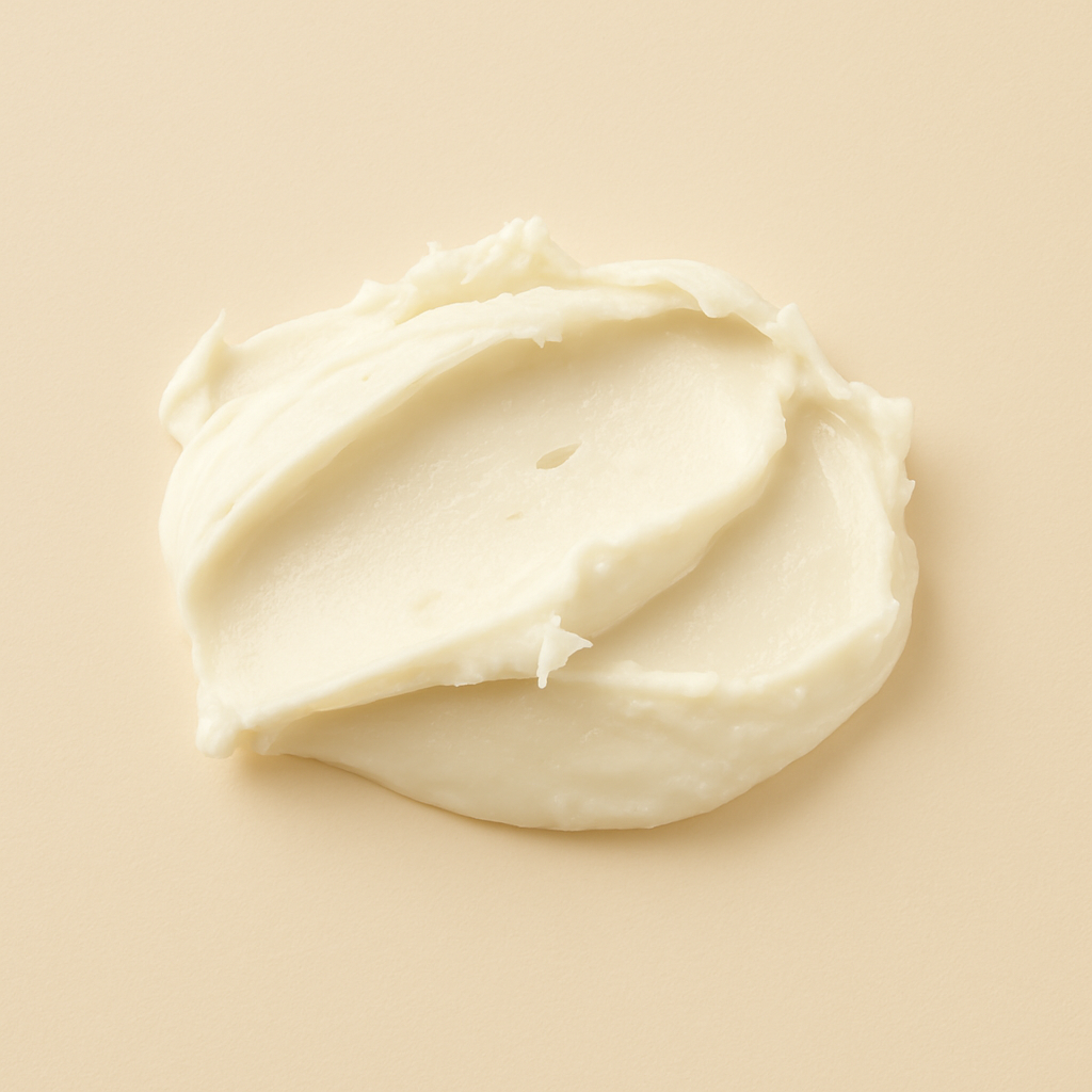 A smear of creamy white substance on a light beige background.