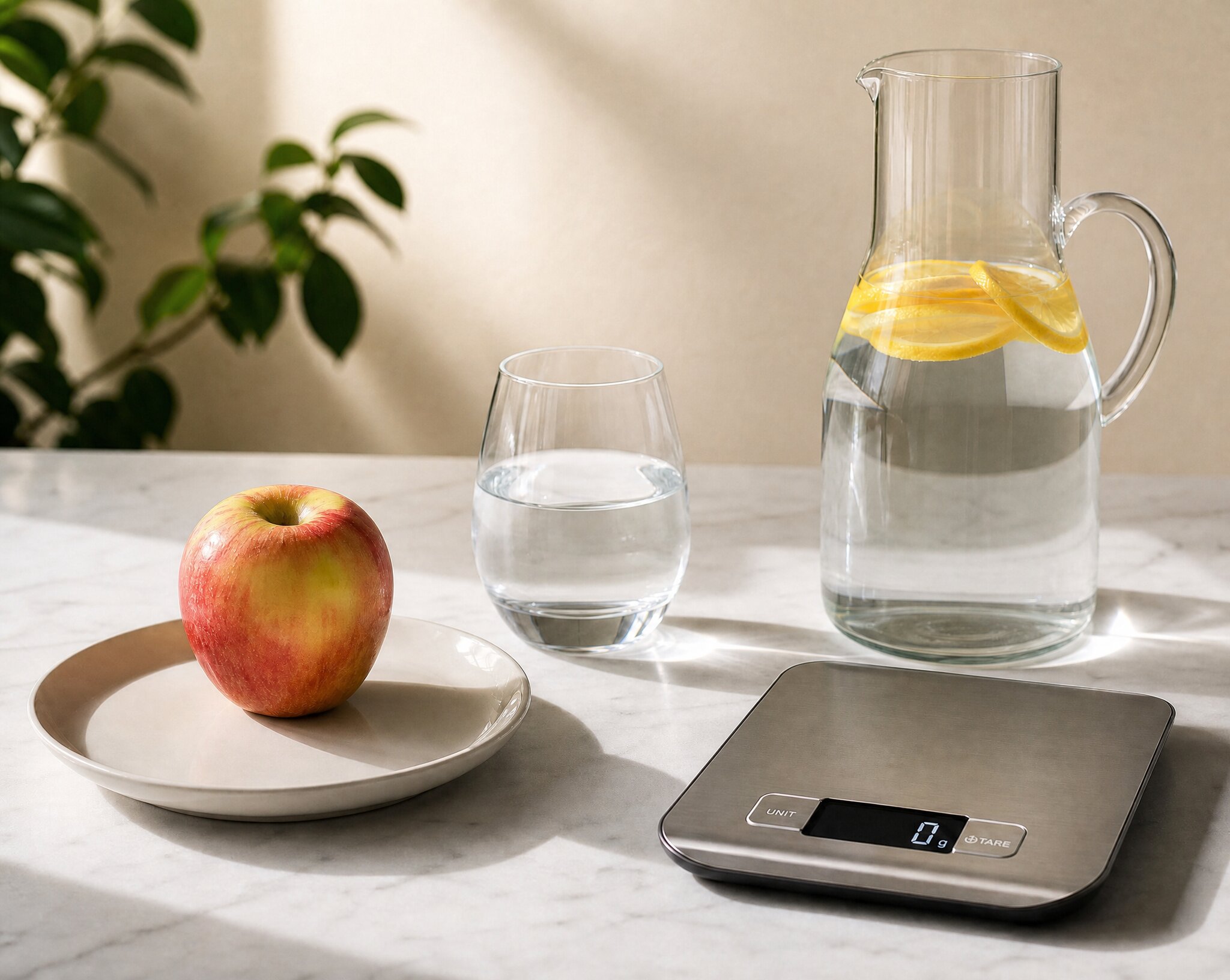 A digital kitchen scale on a marble counter with an apple, glass, and pitcher of lemon water.