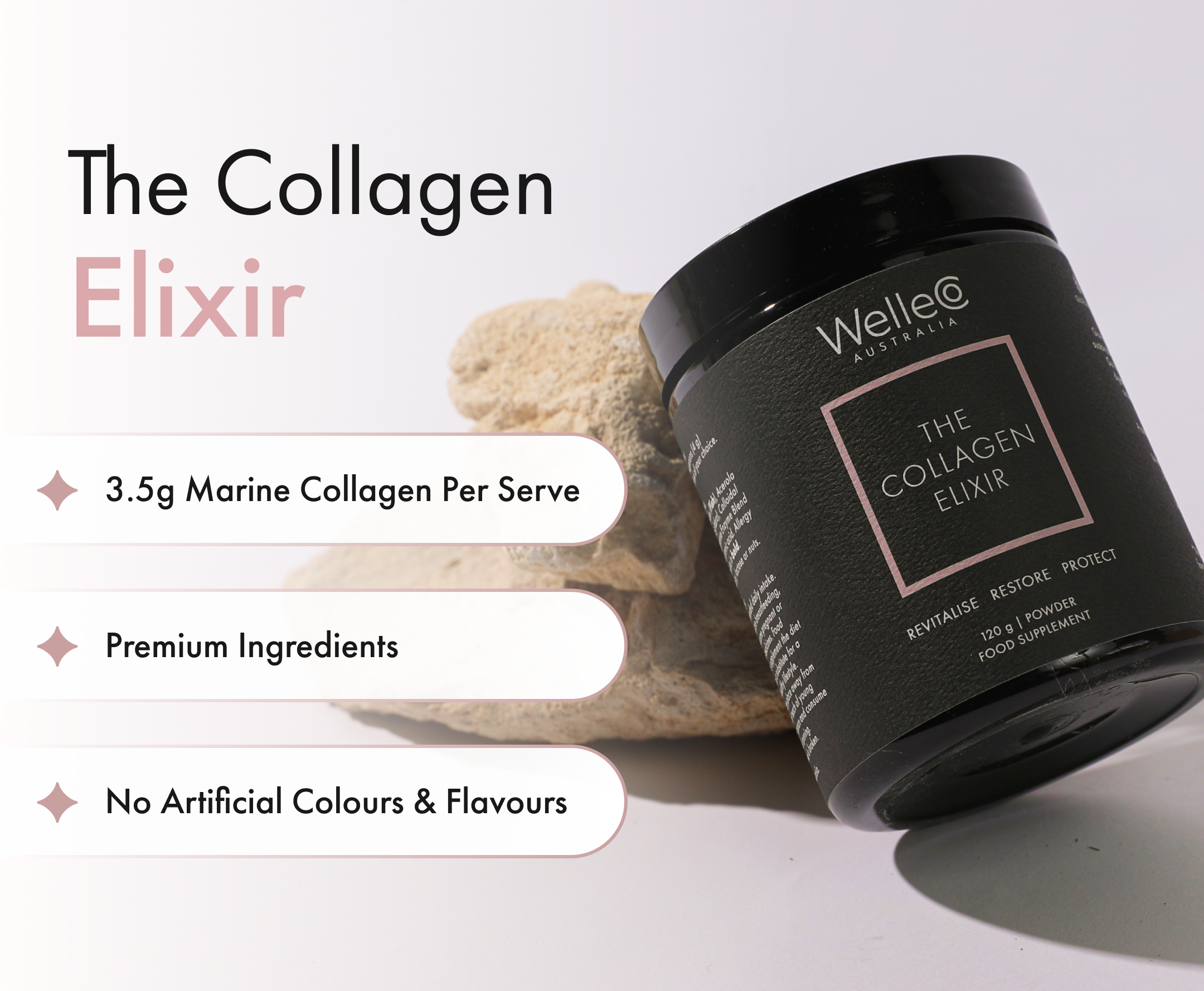 A black jar of Welle Co The Collagen Elixir powder next to a textured, tan rock-like object.
