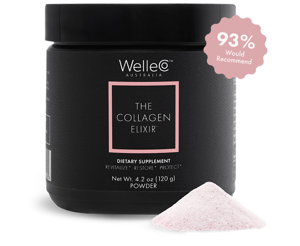 A black jar of WelleCo The Collagen Elixir with a pile of pink powder in the foreground.