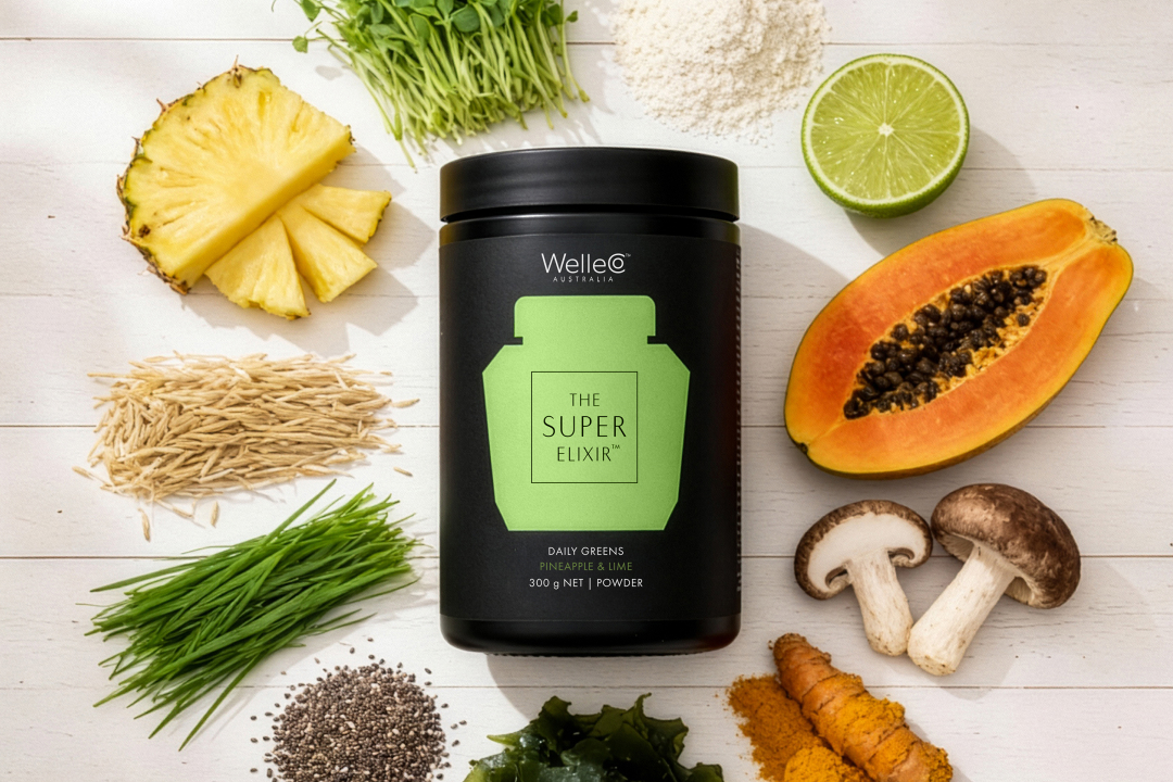 A split image showing white capsules on the left and a hand holding green juice on the right.