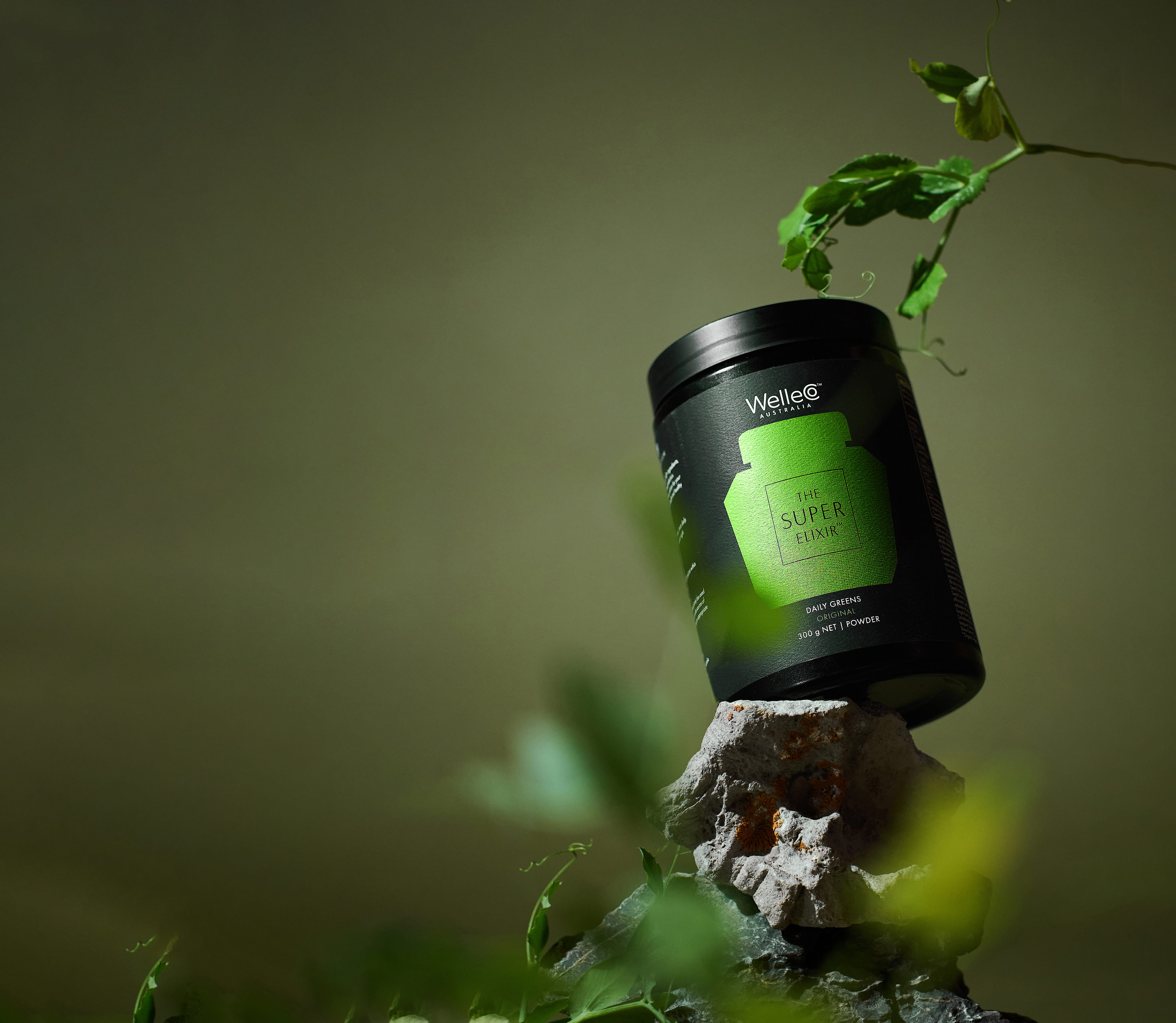A black jar of WelleCo The Super Elixir powder sits on a rock, surrounded by green vines.