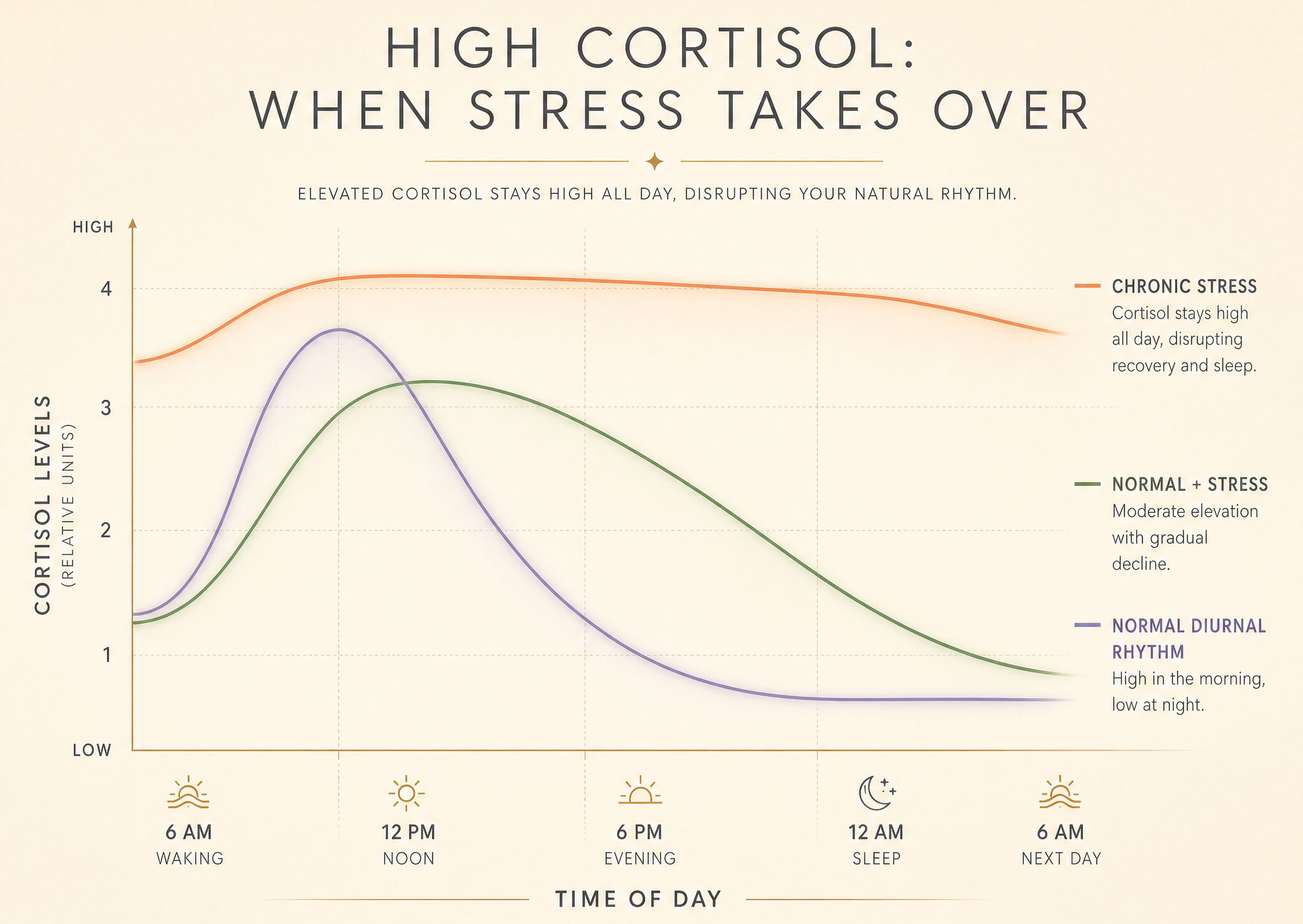 A line graph comparing cortisol levels throughout the day for normal rhythm, moderate stress, and chronic stress.