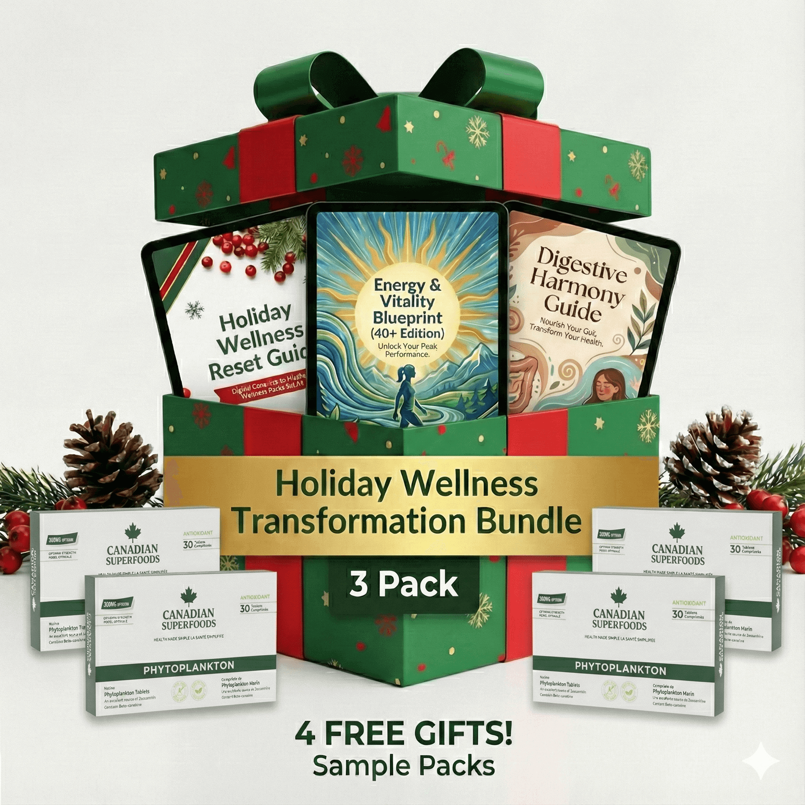 Holiday wellness bundle with guides and superfoods, festive gift box, pinecones, and berries.