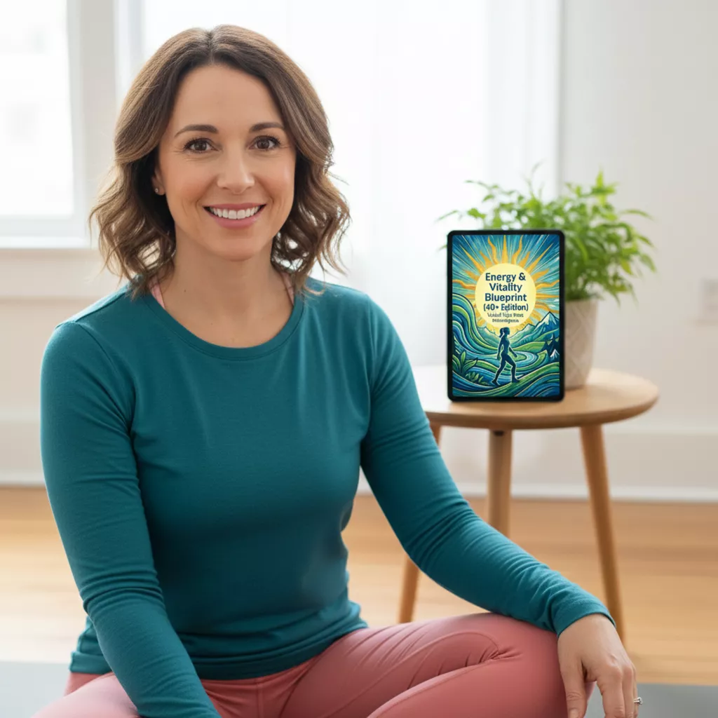 Person sitting indoors next to a tablet displaying a book cover.