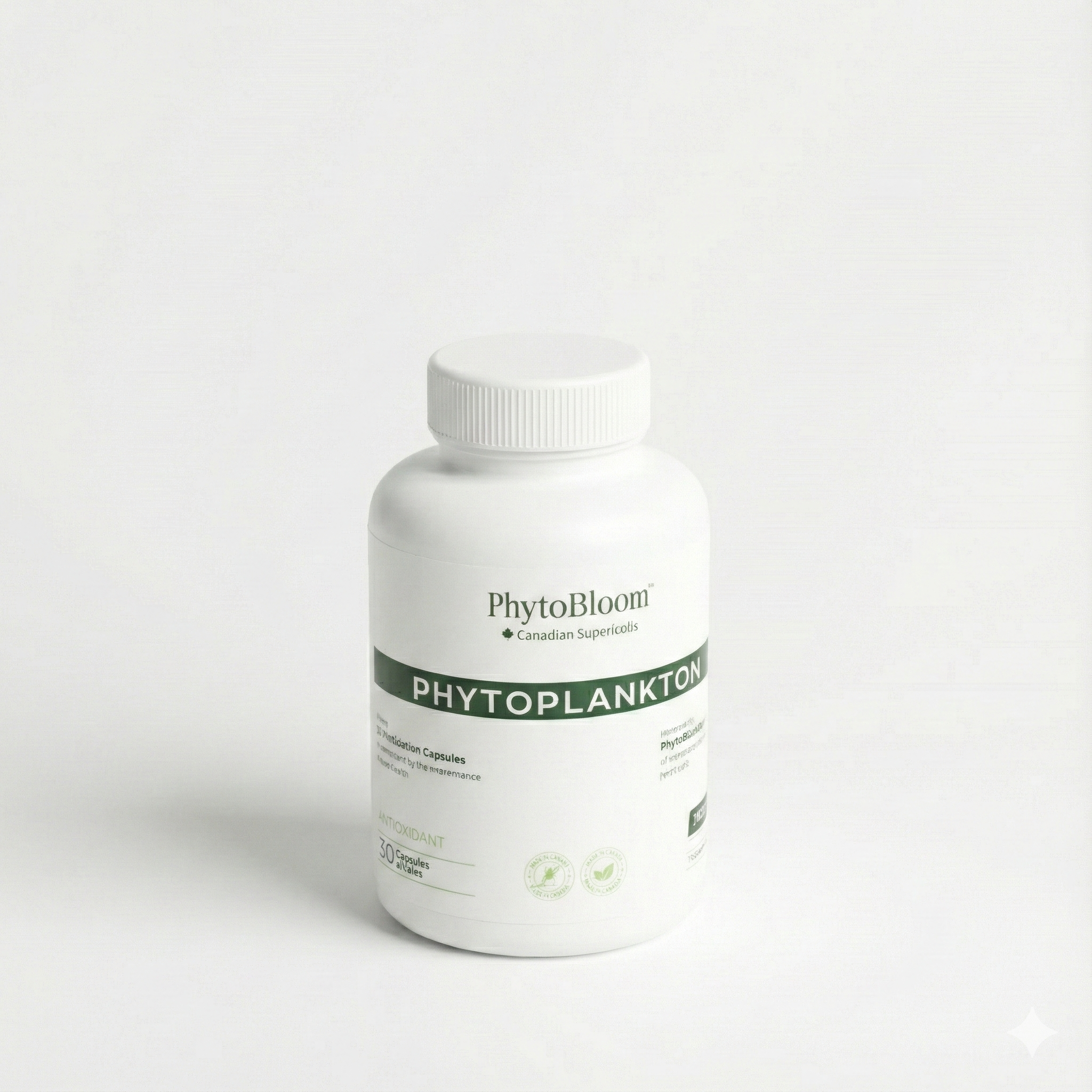 White bottle labeled 'PhytoBloom Phytoplankton' against a plain background.