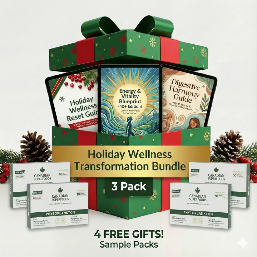 Gift box with holiday wellness guides and superfood packs, decorated with pinecones.