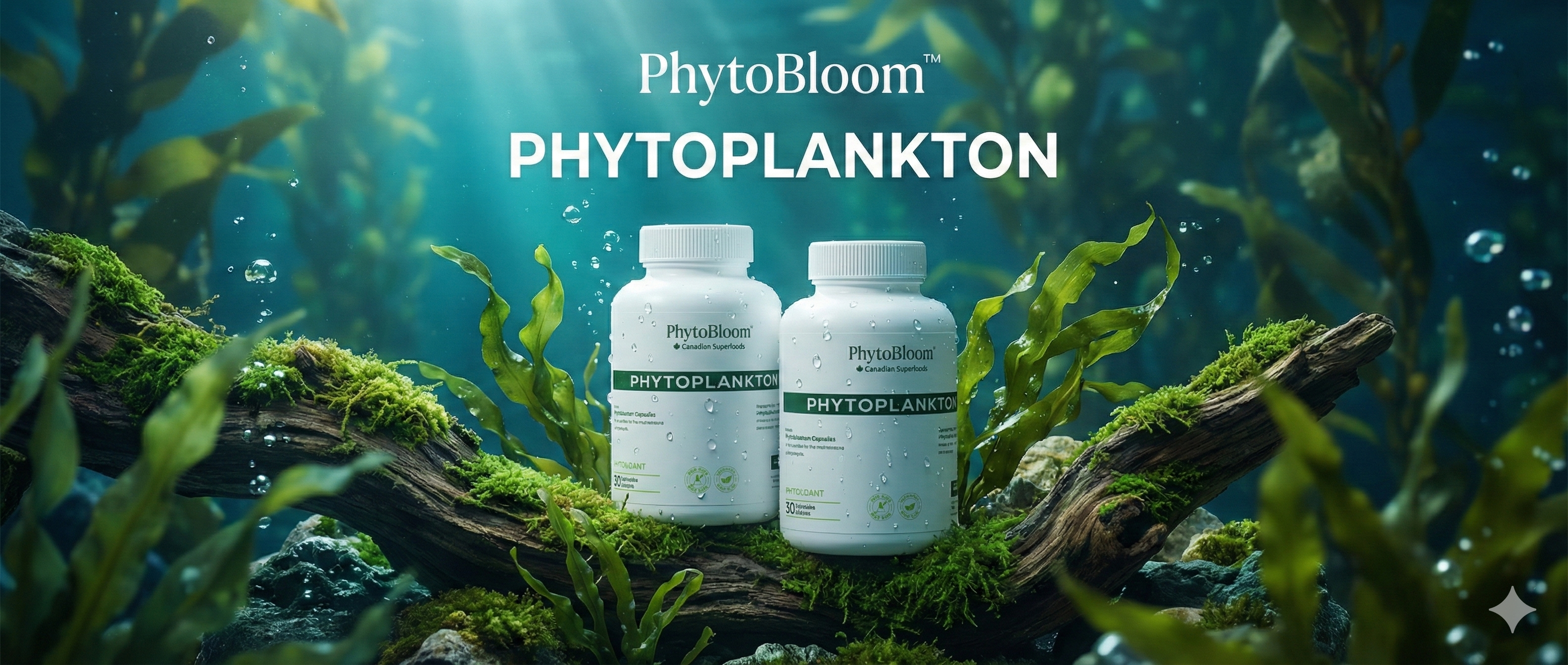 Two bottles of PhytoBloom phytoplankton underwater amid seaweed and bubbles.
