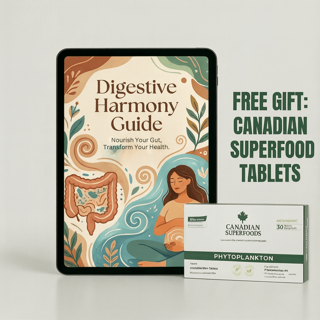 Tablet displaying Digestive Harmony Guide next to Canadian Superfoods tablets box.