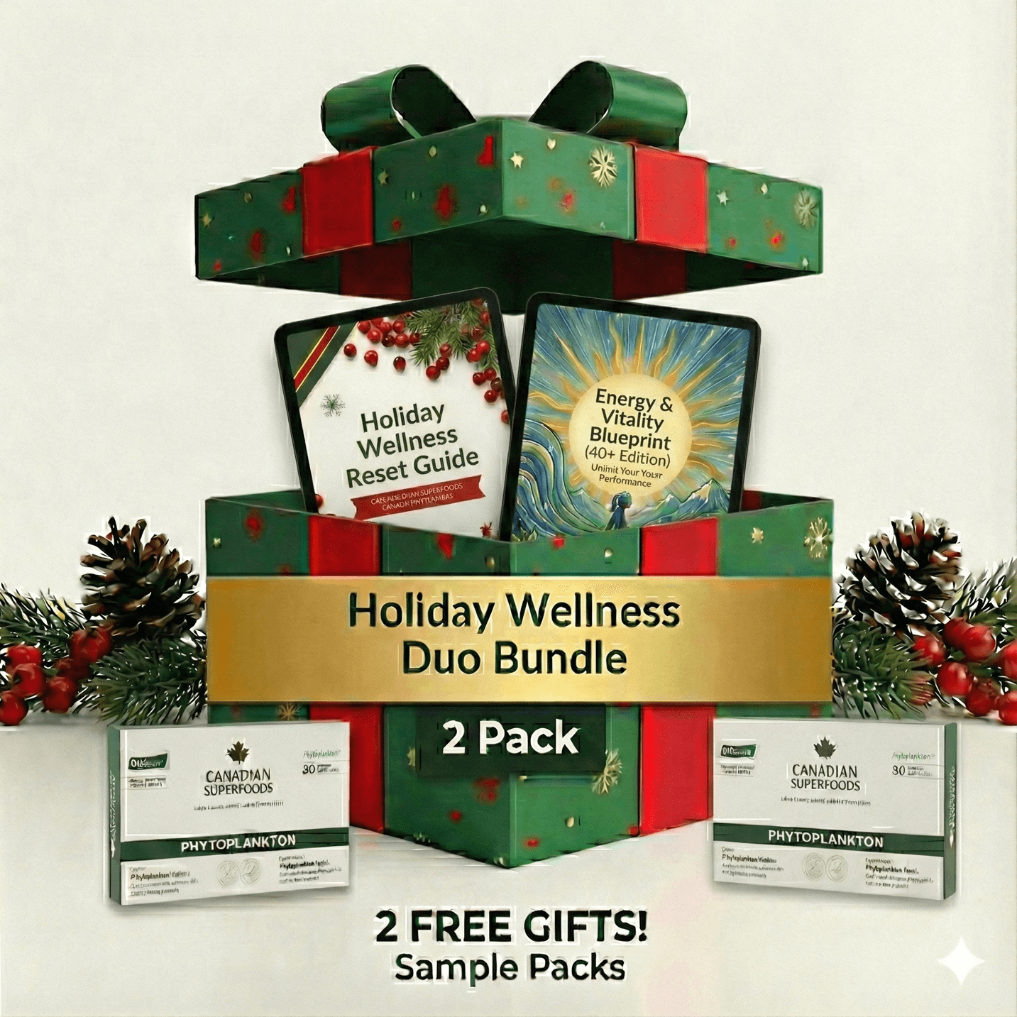 Holiday wellness bundle with books and gift boxes decorated with pine cones and berries.