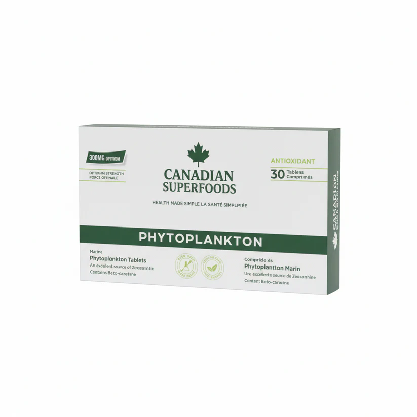 Box of Canadian Superfoods Phytoplankton tablets with green accents.