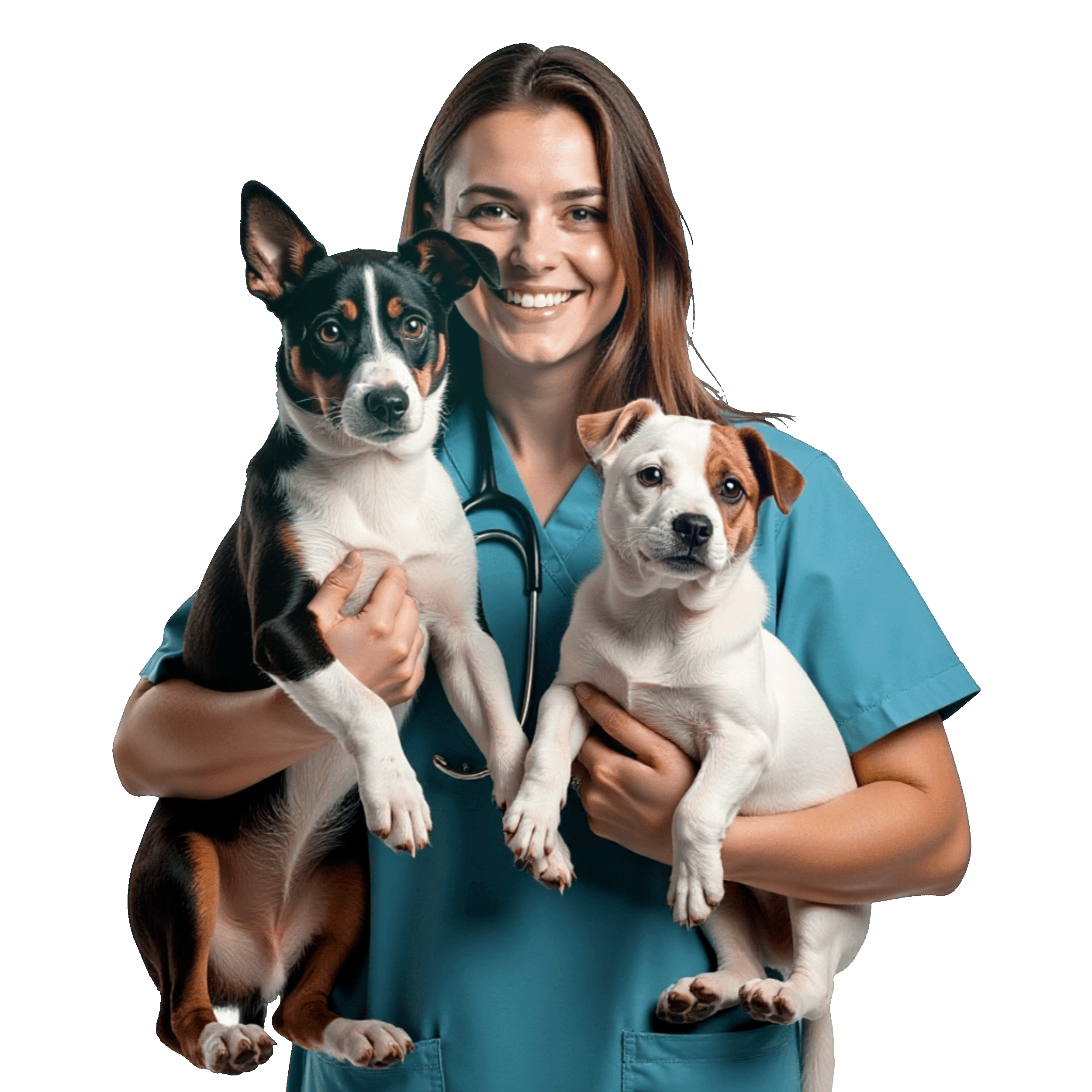 A smiling female veterinarian in blue scrubs holding two puppies against a white background.