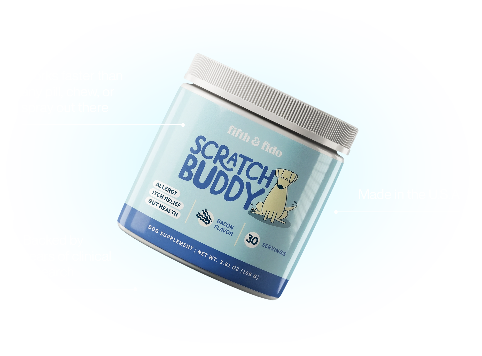 A tub of Fifth & Fido Scratch Buddy, a bacon-flavored dog supplement for allergy and itch relief.