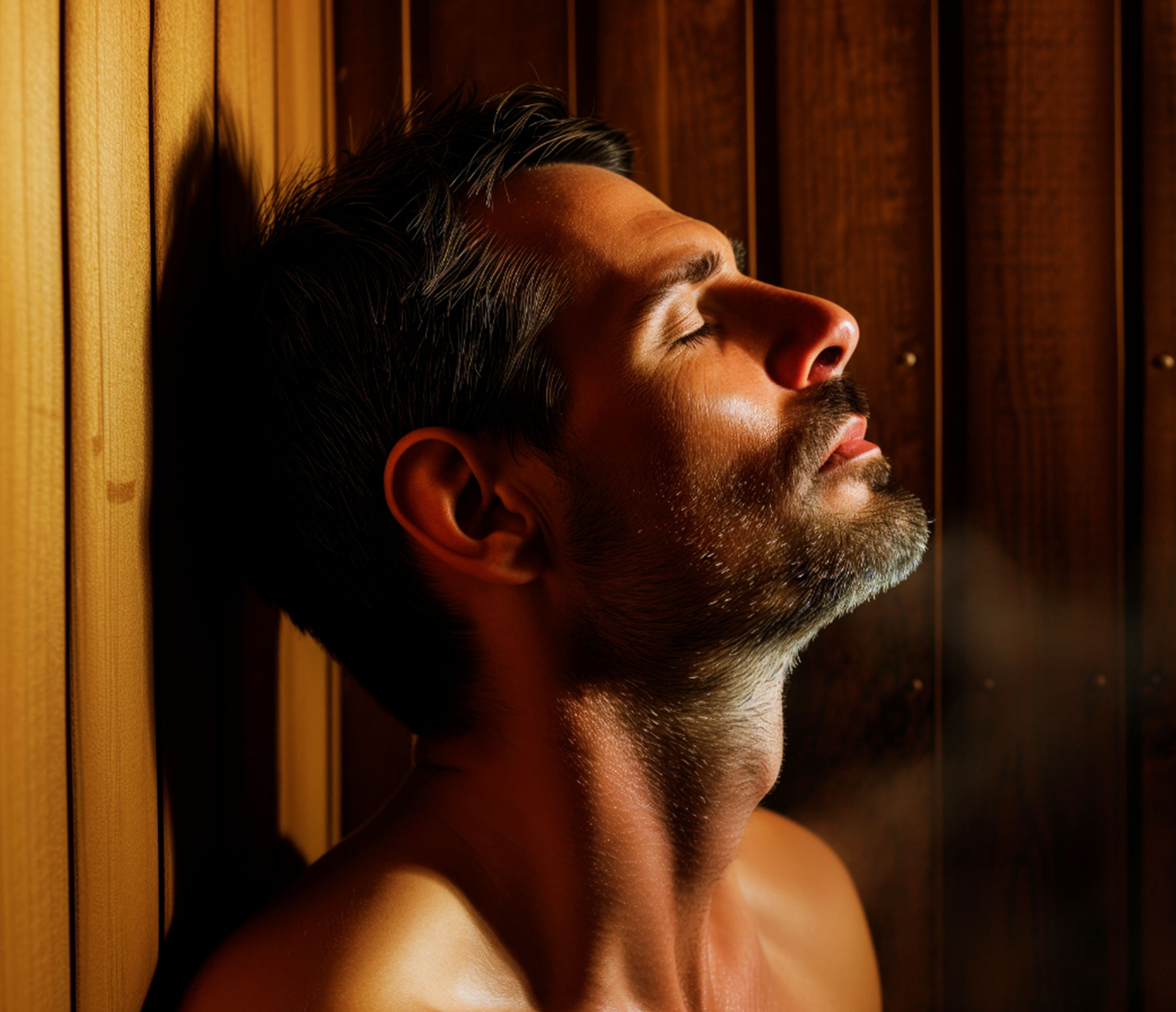 Man relaxing in a wooden sauna with eyes closed.