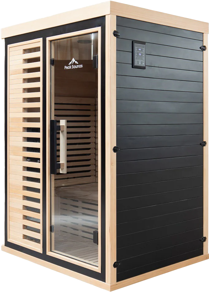Wooden sauna cabin with glass door and control panel.
