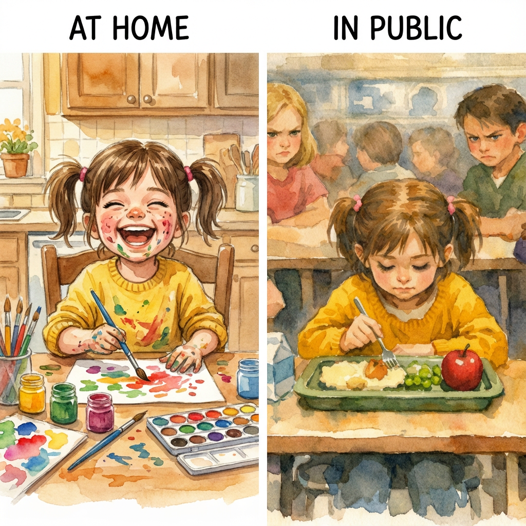 A two-panel comic showing a girl's different behaviors: happy and messy at home, quiet and reserved in public.