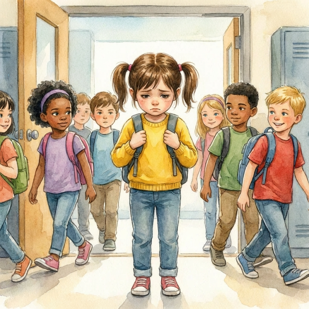 A watercolor illustration of a sad girl standing alone in a school hallway as other children walk by.