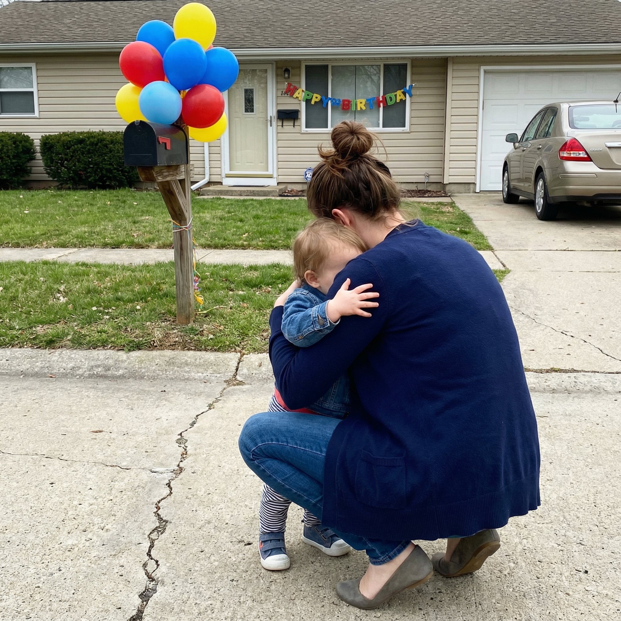 Person hugging a child near a mailbox with colorful balloons.