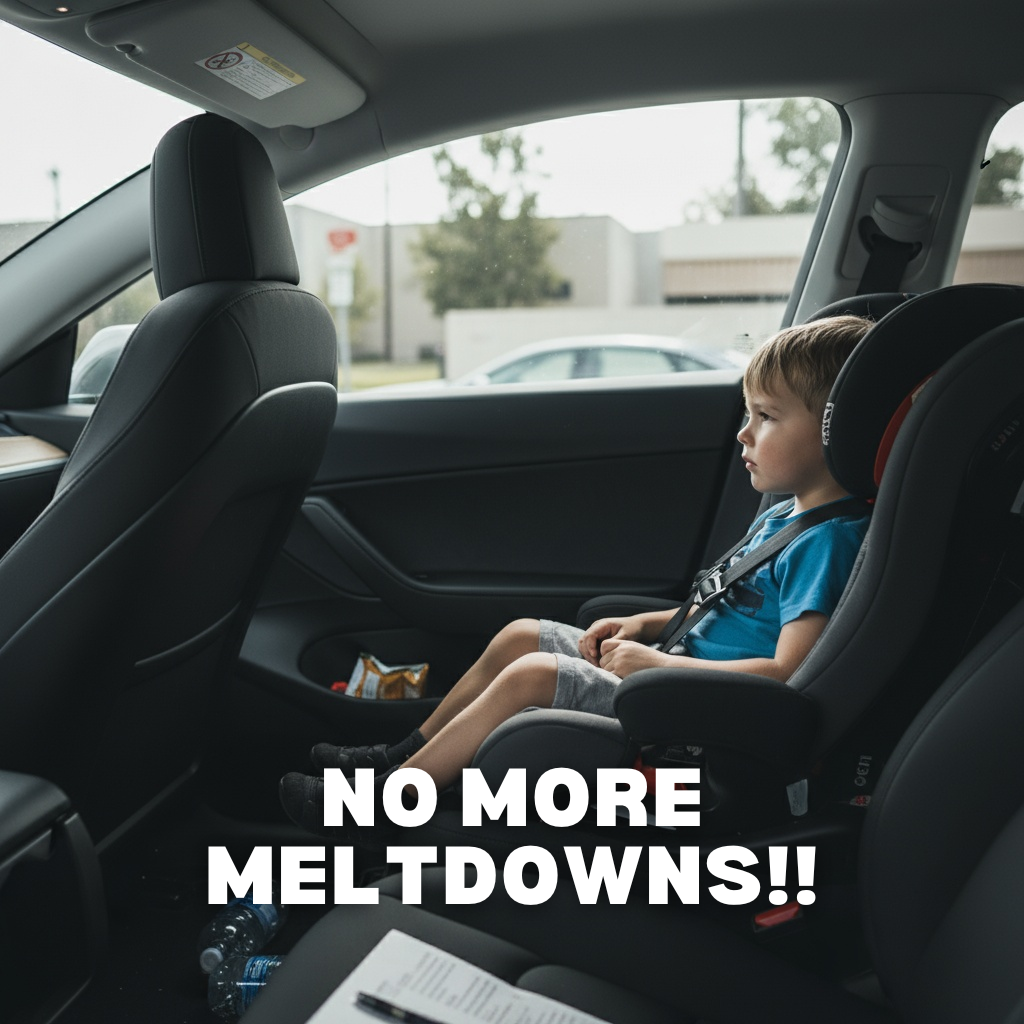 Child in a car seat with text 'No More Meltdowns!!' on interior car view.