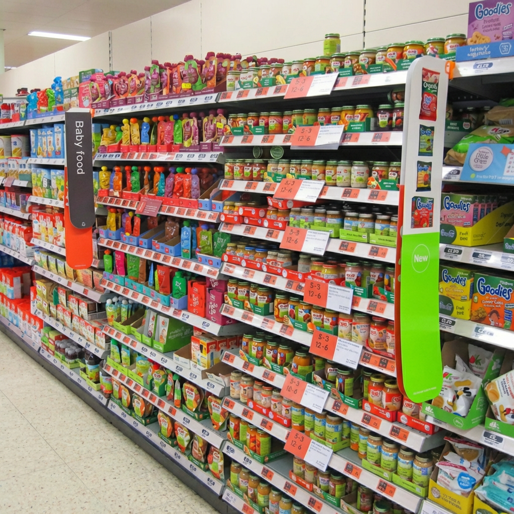 A supermarket aisle with shelves fully stocked with various jars and pouches of baby food.