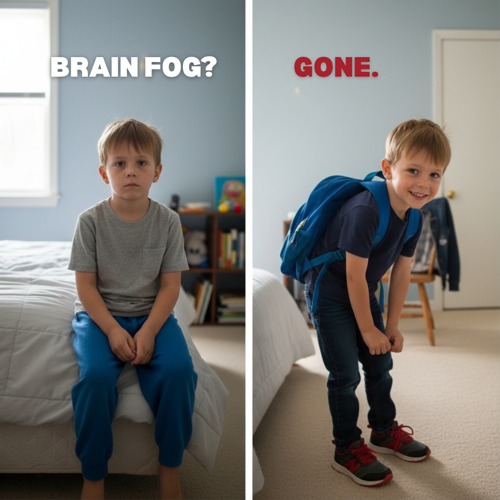 Two images of a boy; sitting on a bed and smiling with a backpack.