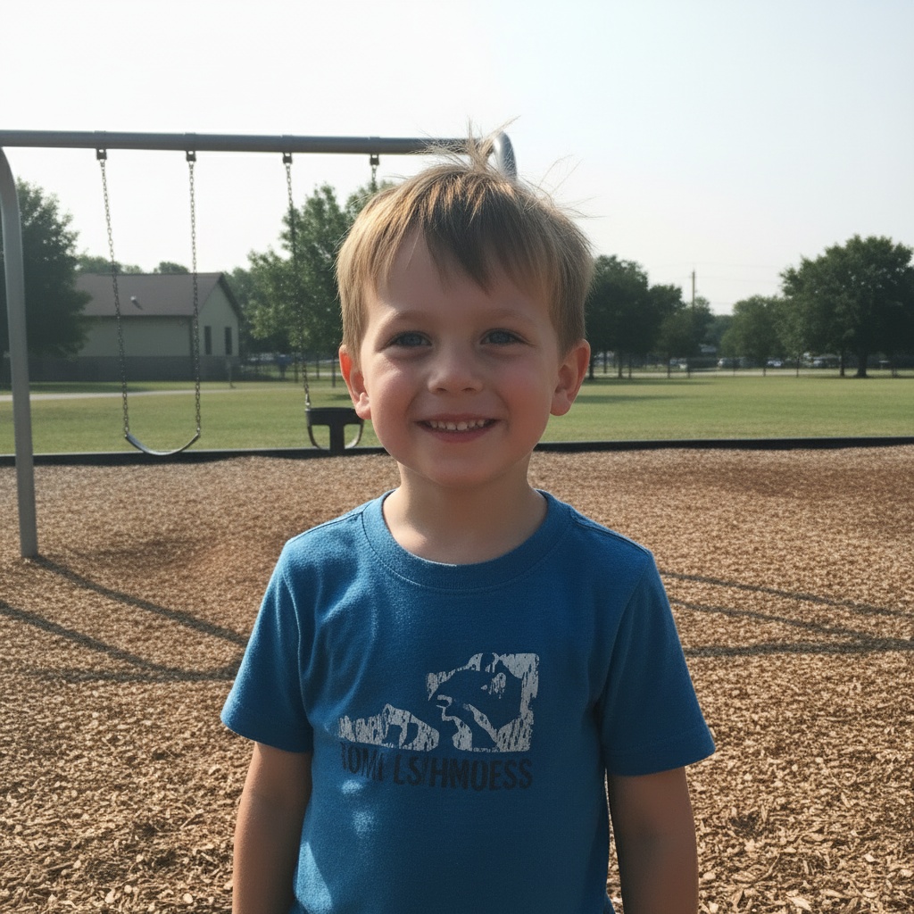 Smiling child in blue shirt at playground, standing in front of swings.