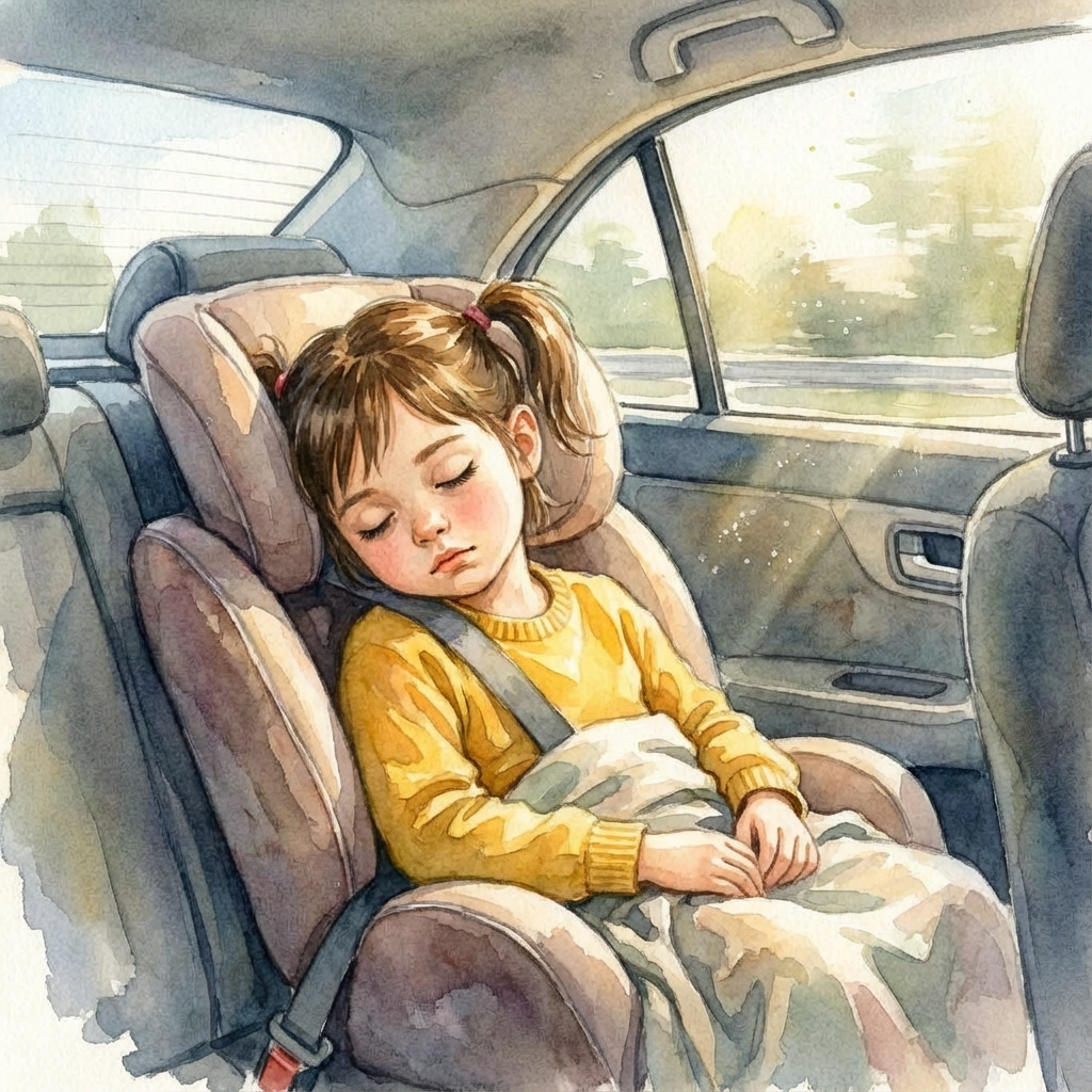 A watercolor illustration of a young girl with pigtails sleeping in a car seat.