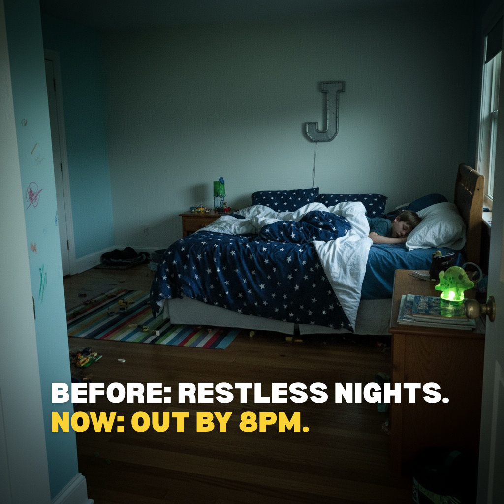 Child sleeping in a bed with starry blanket, nightstand with lamp, and toys on the floor.