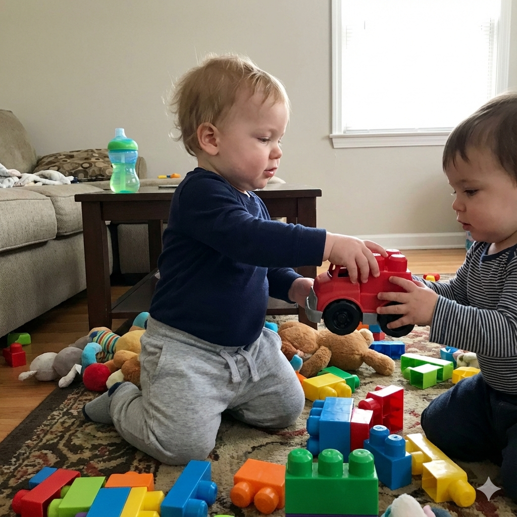 Two toddlers playing with colorful building blocks and toy cars in a living room.